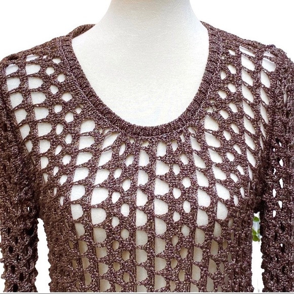 LUCKY Brand Macey Metallic Spiced Nutmeg Fisherman’s Open Weave Sweater Small - Picture 3 of 11